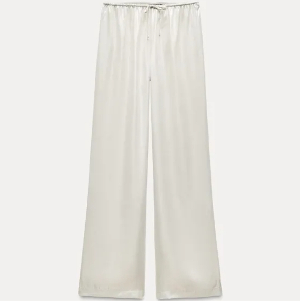 New Zara Shiny Silver Mid Rise Elastic Waist Wide-Leg Pajama Style Pants Medium - Picture 4 of 12